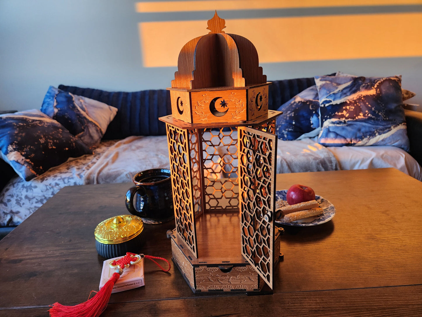 Ramadan Lantern with Door and Drawer - Birch Plywood Decor - Laser Engraved Lantern - Handcrafted Home Decor