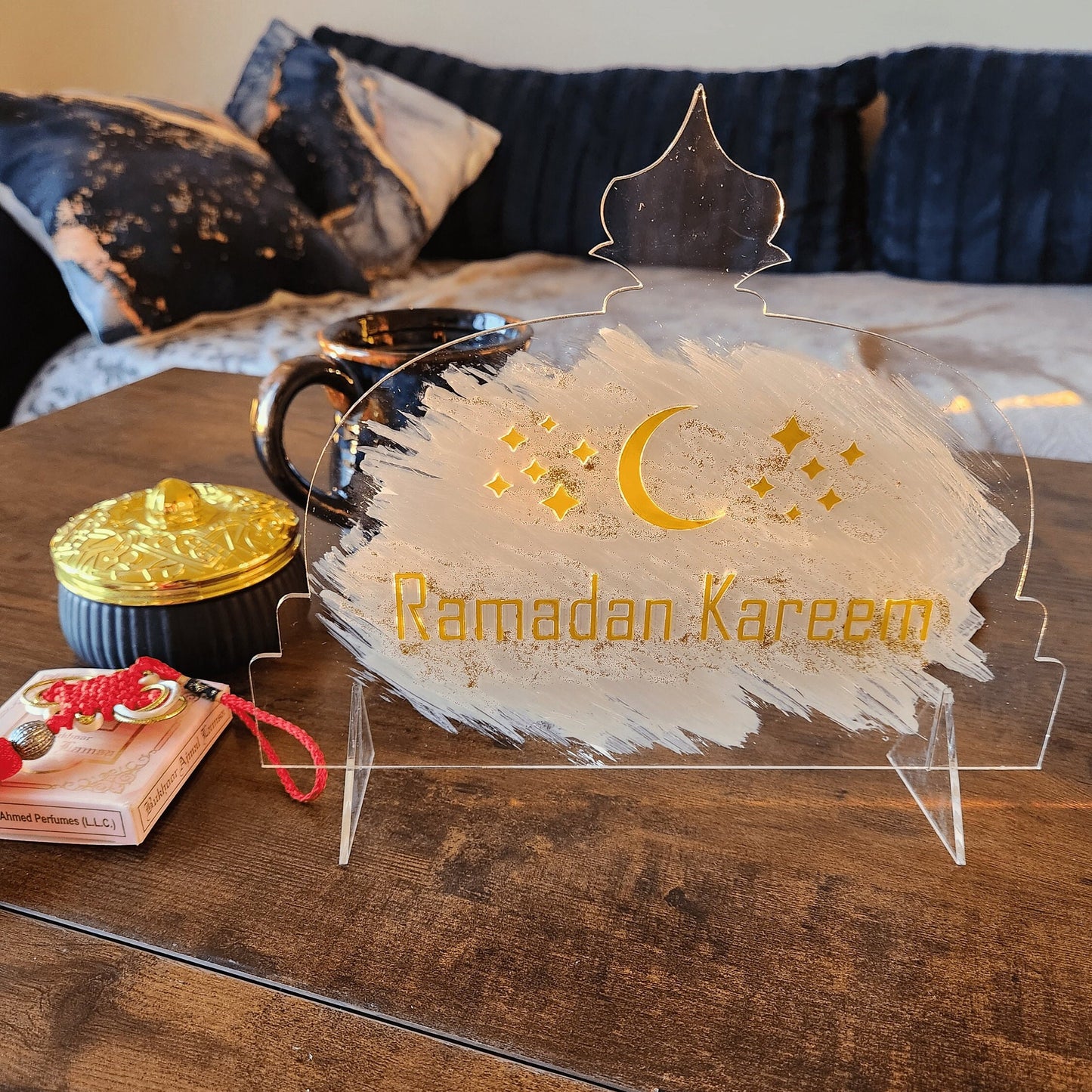 Clear Acrylic Ramadan Sign with Levitating Look - 'Ramadan Kareem' in Gold Letters on White Backsplash - Islamic Home Decor for Holy Month