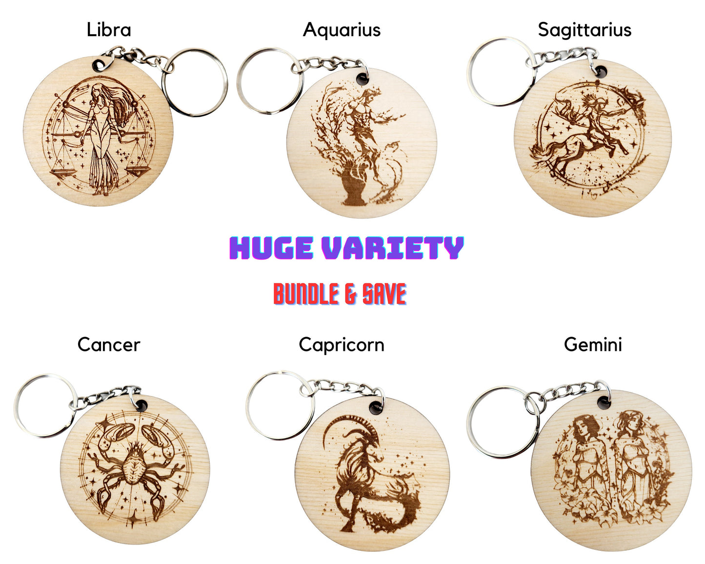 Keychain Charm Zodiac Aries Wood Engraved