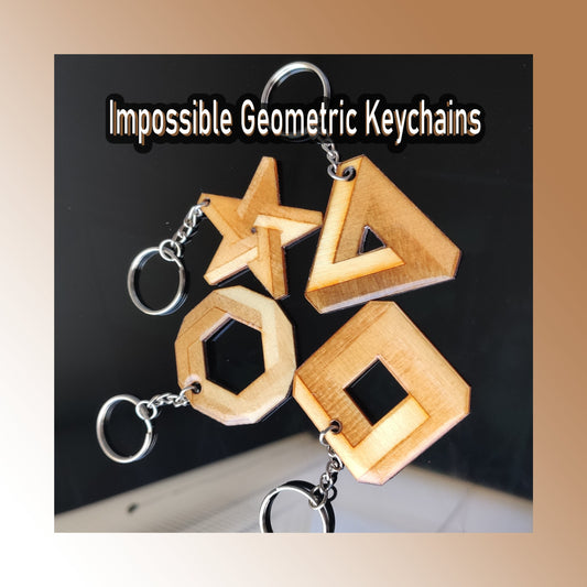 Keychains Wood Impossible Geometry: Square, Triangle, Star and Hexagon. Paint-Free