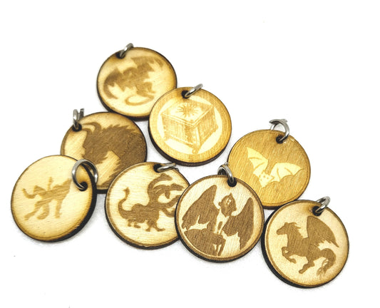 Charming Necklace Pendants with Creatures and objects of Myth and Legend, Mythological Charms laser engraved on wood.