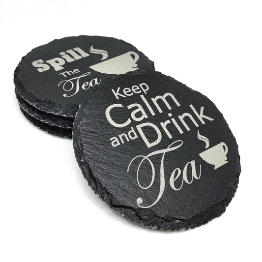 Coaster Stone Slate Engraved Tea Theme Set of Four