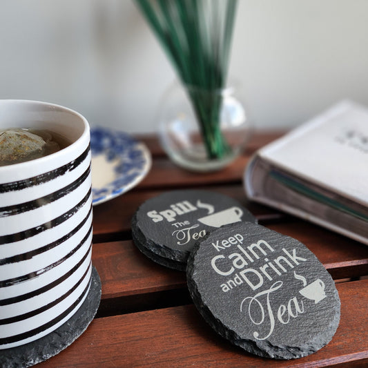 Coaster Stone Slate Engraved Tea Theme Set of Four