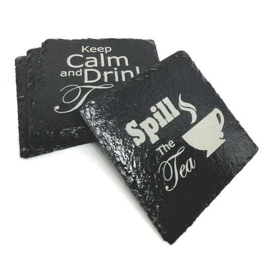 Coaster Stone Slate Engraved Tea Theme Set of Four Square