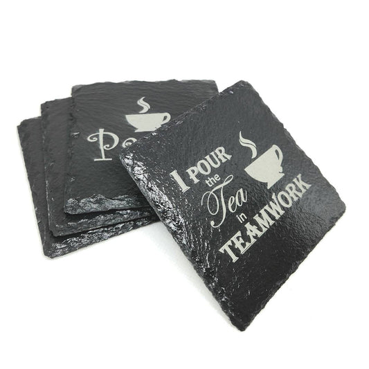 Coaster Stone Slate Engraved Tea Theme Set of Four Square
