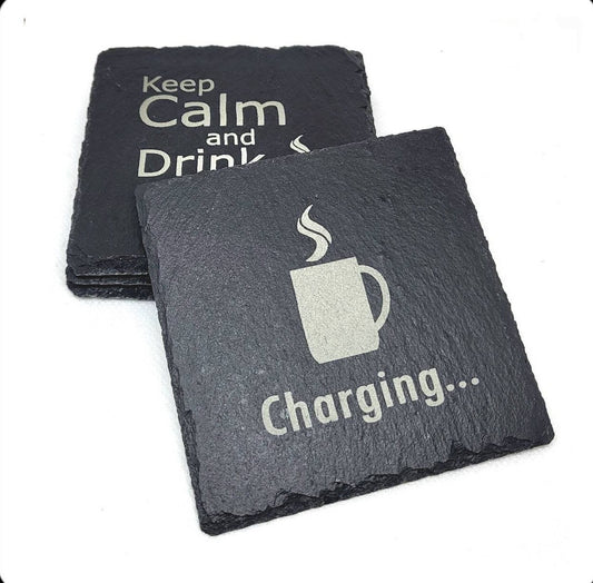 Coaster Stone Slate Engraved Coffee Theme Set of Four