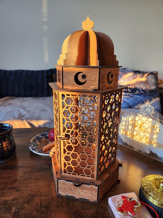 Wooden lantern, luxurious lantern, decoration, centerpiece, stained birch wood lantern, laser cut lantern, laser engraved lantern.