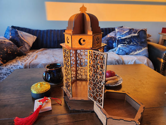 Wooden lantern, luxurious lantern, decoration, centerpiece, stained birch wood lantern, laser cut lantern, laser engraved lantern.