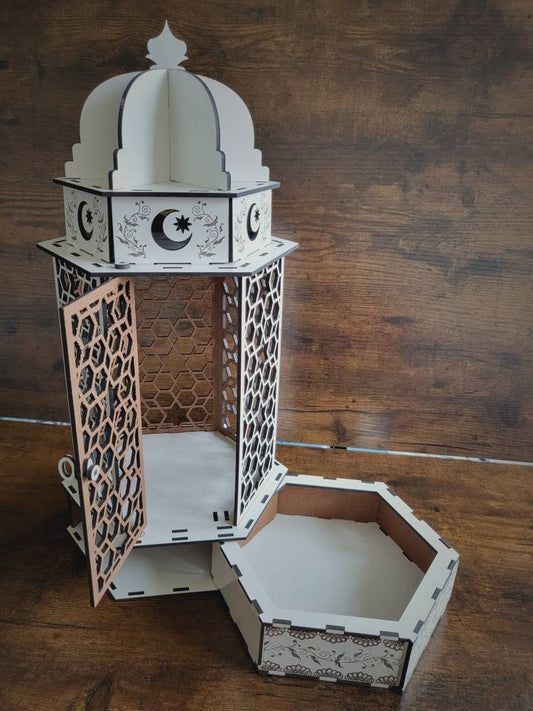 Wood lantern, white lantern for ramadan, moon crescent lantern with laser engraved leaf pattern, drawer included!