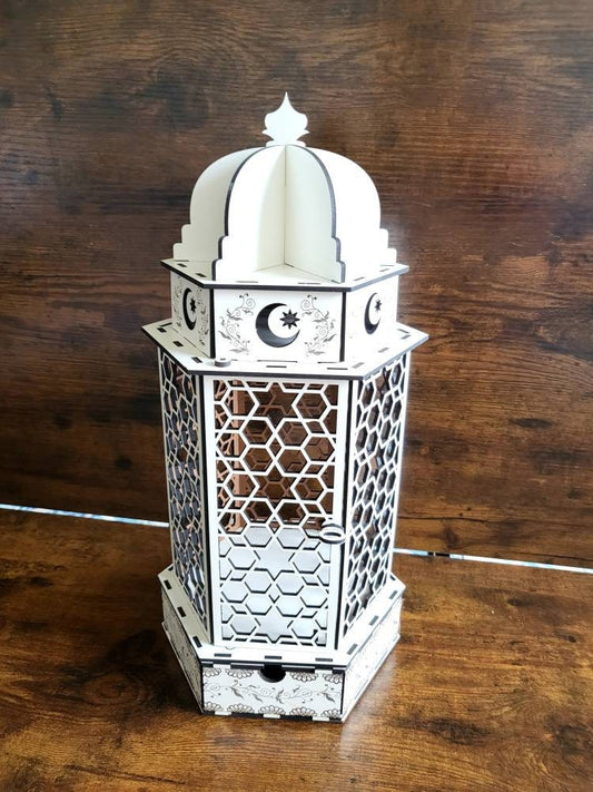 Wood lantern, white lantern for ramadan, moon crescent lantern with laser engraved leaf pattern, drawer included!