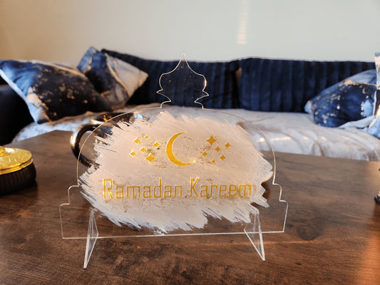 Clear Acrylic Ramadan Sign with Levitating Look - 'Ramadan Kareem' in Gold Letters on White Backsplash - Islamic Home Decor for Holy Month