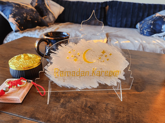 Clear Acrylic Ramadan Sign with Levitating Look - 'Ramadan Kareem' in Gold Letters on White Backsplash - Islamic Home Decor for Holy Month