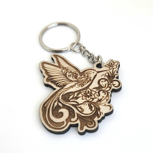 Bird Keychain, humming bird, birchwood, laser cut keychain, spring bird, Easter keychain.