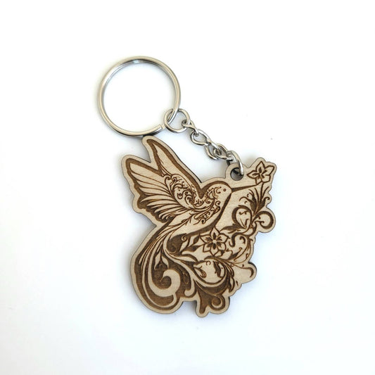 Bird Keychain, humming bird, birchwood, laser cut keychain, spring bird, Easter keychain.